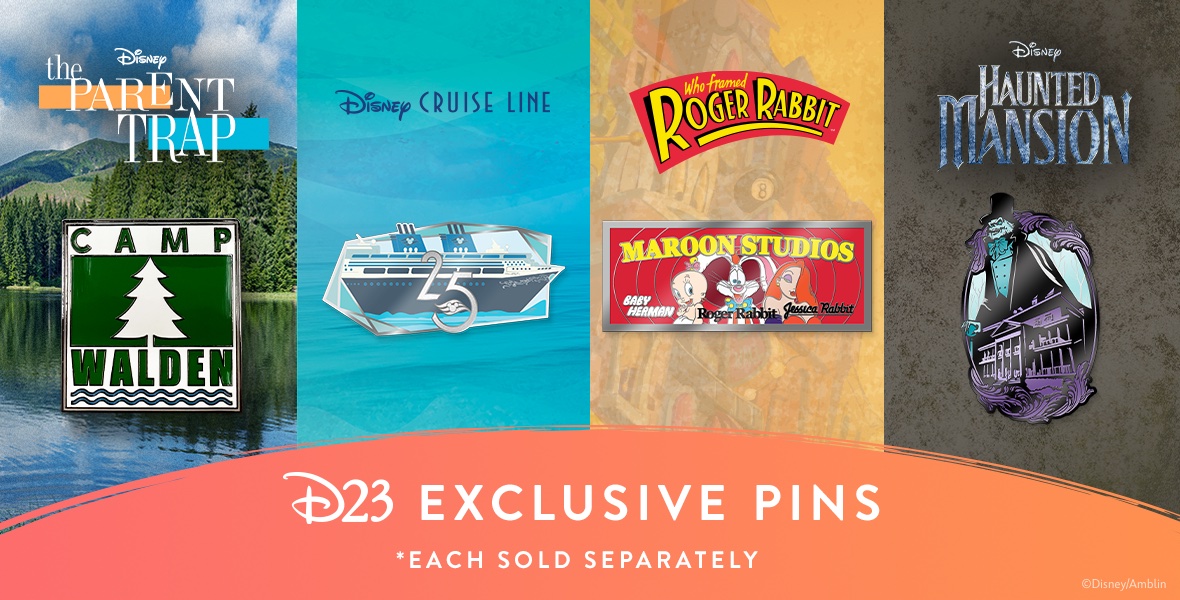 Tryptic Image of four new D23 Pins, featuring Disney Cruise Line, Haunted Mansion, Roger Rabbit, and The Parent Trap. Each Pin is featured on a themed background coordinated with the pins featured.